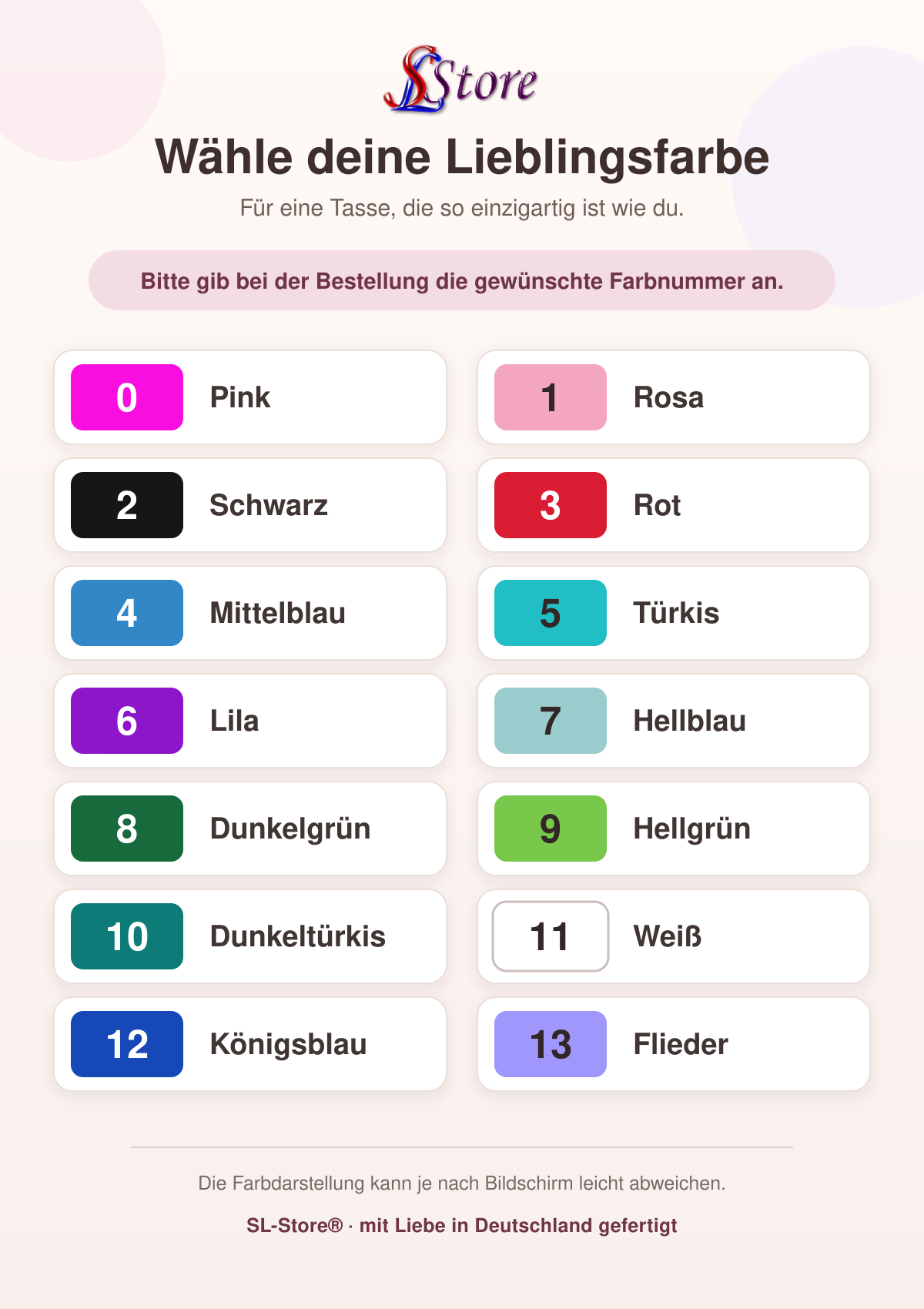 SL-Store Auswahl der Schriftfarben 0 bis 13
