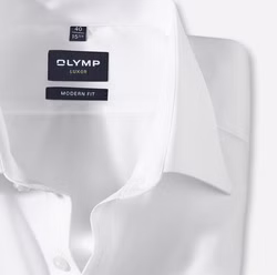 OLYMP Luxor Modern Fit Hemd – Weiß | Langarm | Bügelfrei OLYMP Luxor Modern Fit Herrenhemd in Weiß, Langarm, einfarbig – bügelfrei, aus 100 % Baumwolle, ideal für Business & Freizeit. Detail Kragen