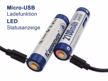 RESTPOSTEN Keeppower 16650 - 2100mAh, Li-Ion 3,7V - 3,6V - PCB geschützt mit USB Lademöglichkeit P1621U