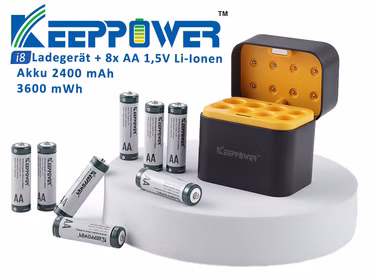 Keeppower I8 Ladegerät mit 8× 1,5V AA Li-Ion-Akkus (3600mWh) – USB-C Eingang