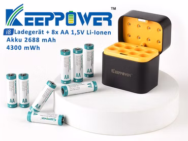 Keeppower I8 Ladegerät mit 8× 1,5V AA Li-Ion-Akkus (4300mWh) – USB-C Eingang Keeppower I8 Ladegerät mit 8× 1,5V AA Li-Ion-Akkus (4300mWh) – USB-C Eingang