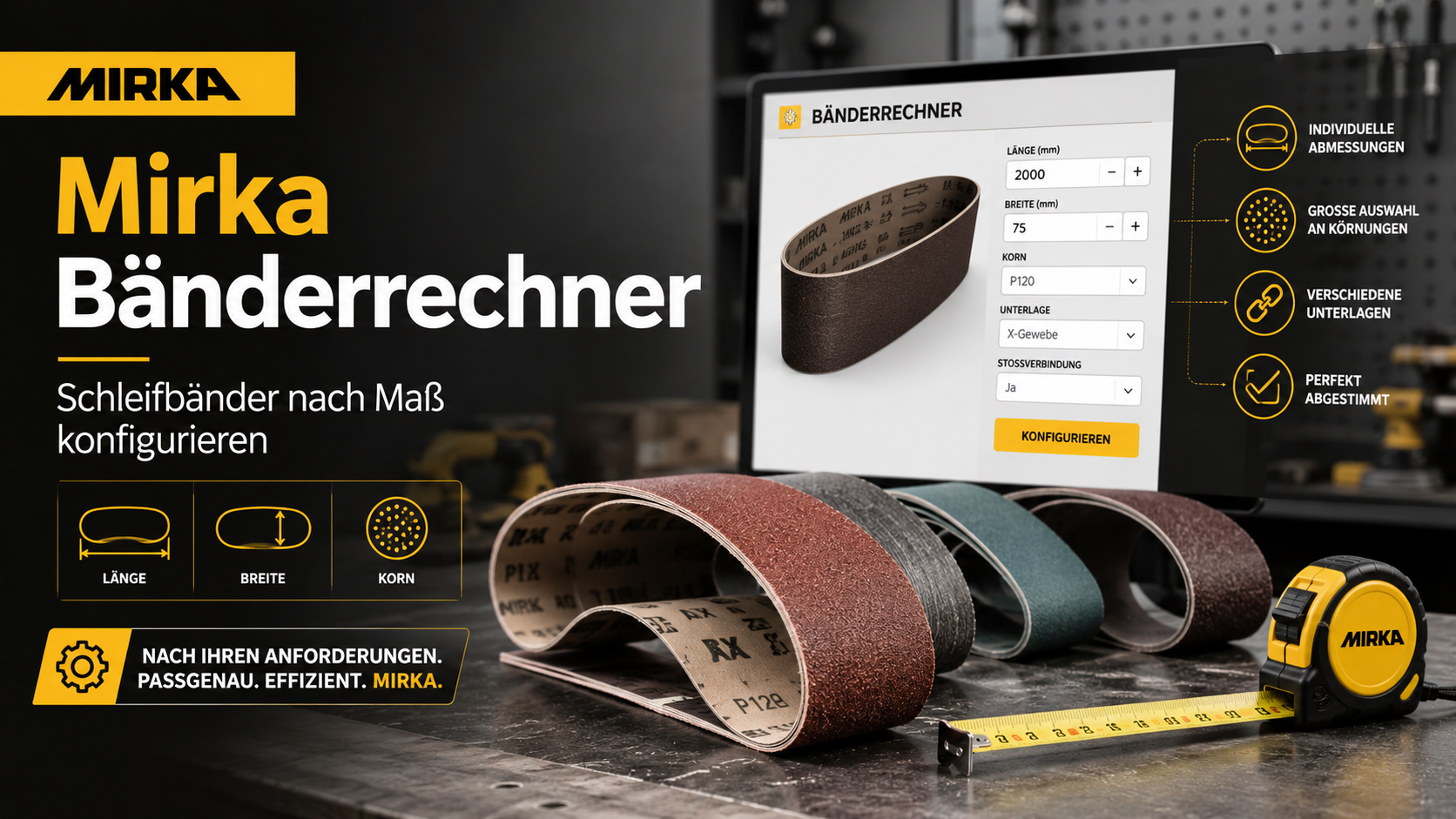 Der neue Mirka Bänderrechner: Schleifbänder nach Maß online konfigurieren – mit Beratung und Sofortpreis