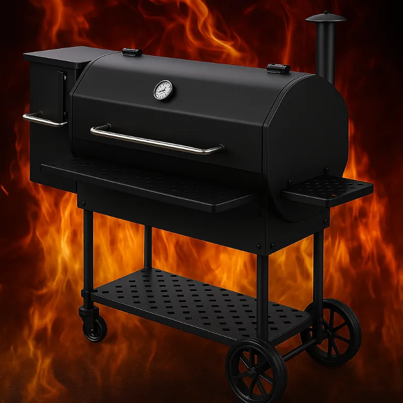 Pelletsmoker von pelletgrill.rocks vor Flammen