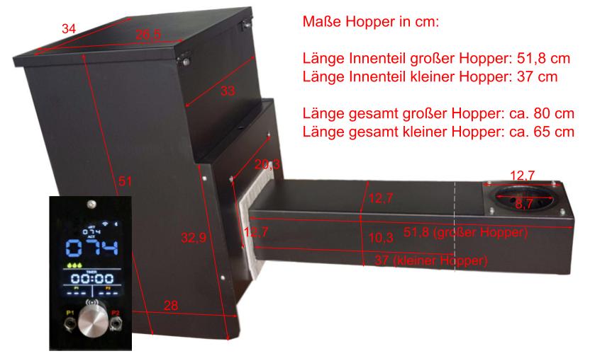 Maßzeichnung Pellet-Hopper S und L: Brennrohr ca. 37 bzw. 51,8 cm, Gesamtlänge ca. 65 bzw. 80 cm, Behälter ca. 34 × 51 cm