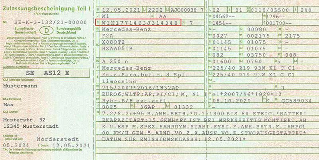 Vehicle registration document: VIN in field E