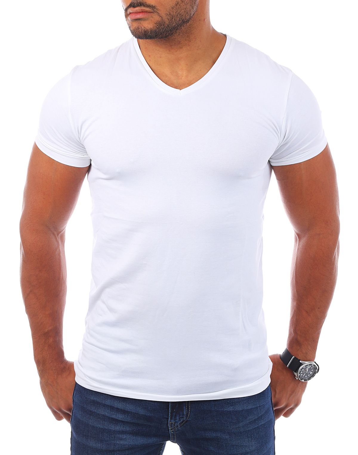 Young &amp; Rich Herren V-Ausschnitt T-Shirt uni slimfit Stretch V-Neck tee 1700