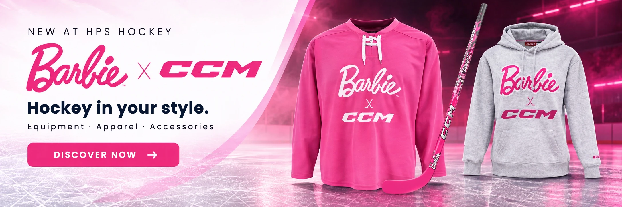 Barbie x CCM at HPS Hockey: jersey, stick and hoodie from the collection in pink