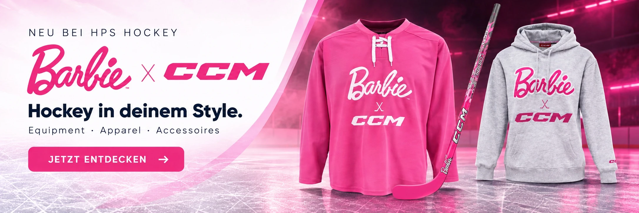 Barbie x CCM bei HPS Hockey: Trikot, Schläger und Hoodie der Kollektion in Pink