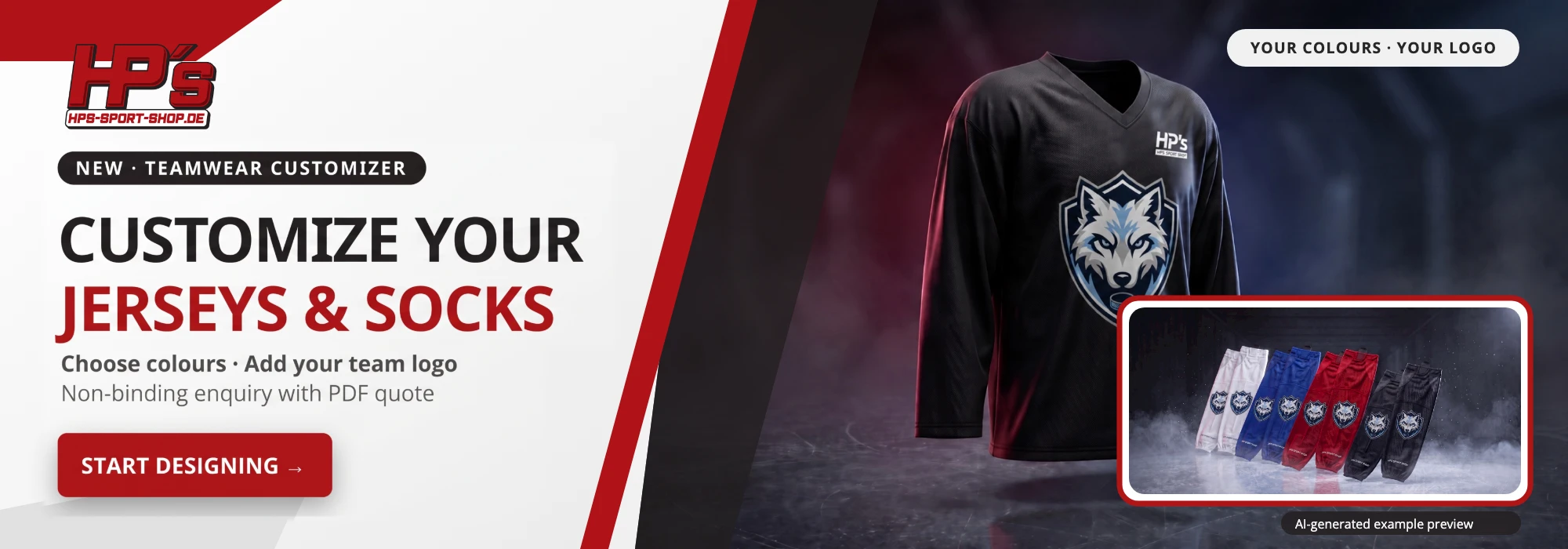 HPS teamwear customizer: jerseys and socks in your colours with your team logo