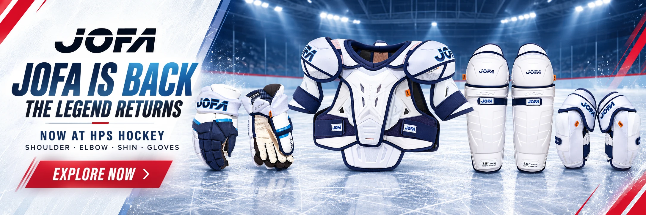CCM JOFA 2026 protective hockey equipment: shoulder pads, elbow pads, shin guards and gloves