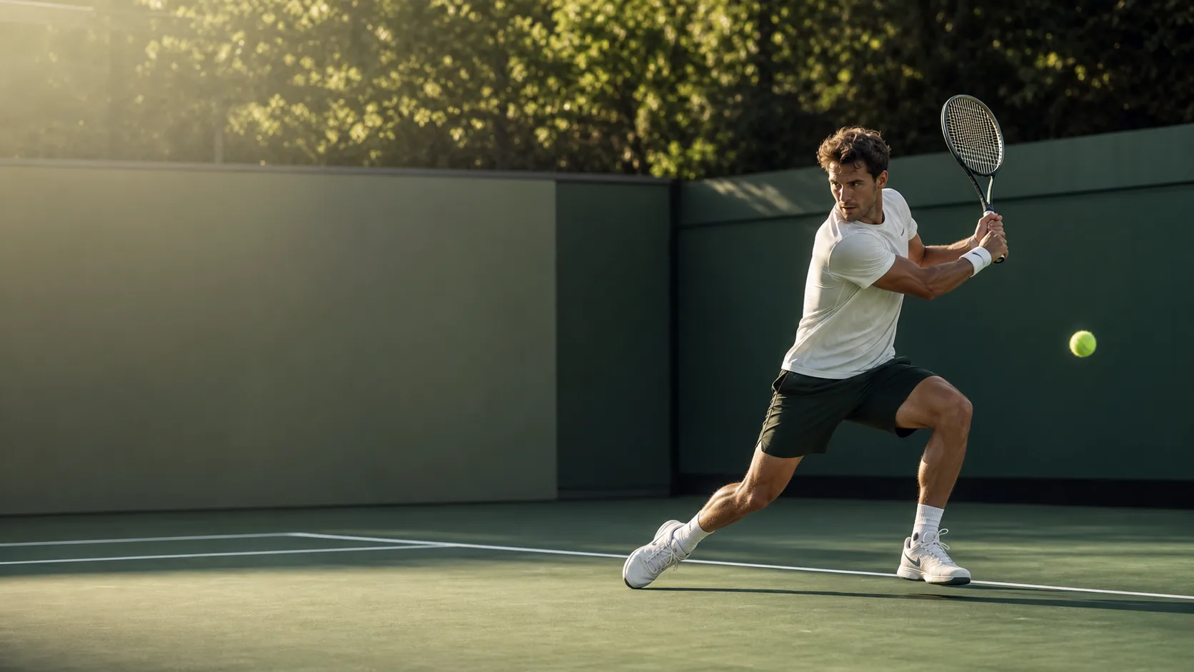 Tennisspieler beim Schlag auf einem grünen Court