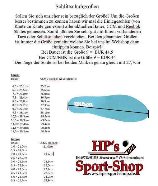 Größentabelle für MISSION Inhaler WM02 Senior Inlinehockey Skates
