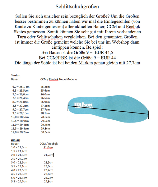 BAUER Elite Senior Torwart-Inlinehockey-Skates – Größentabelle der Einlegesohle