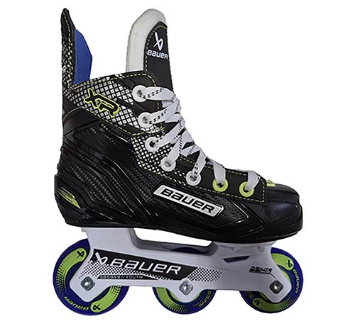 BAUER XR Inline Hockey Skate Youth S25 – Side View Black BAUER XR Youth inline hockey skate with blue and lime Street wheels