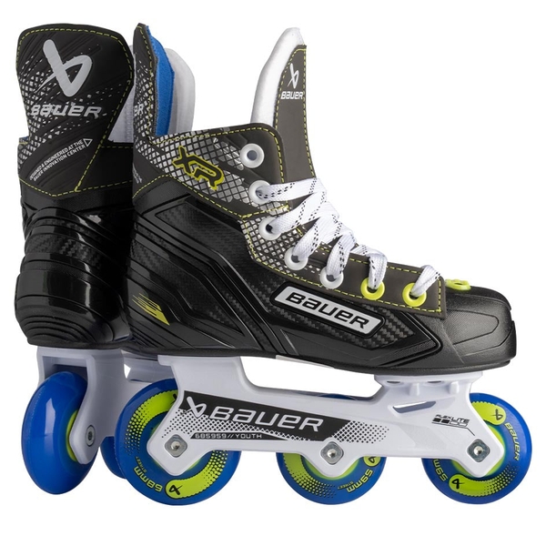 BAUER XR Inline Hockey Skates Youth S25 – Pair View Pair of black BAUER XR Youth inline hockey skates with Flexlite chassis
