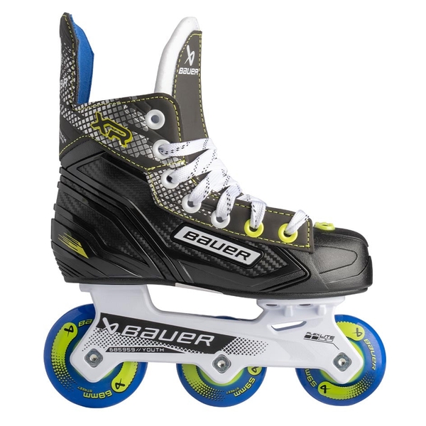 BAUER XR Inline Hockey Skate Youth S25 – Open Side View BAUER XR Youth inline hockey skate showing felt tongue and three Street wheels