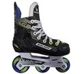 BAUER XR Inline Hockey Skate Youth S25 – Side View Black BAUER XR Youth inline hockey skate with blue and lime Street wheels