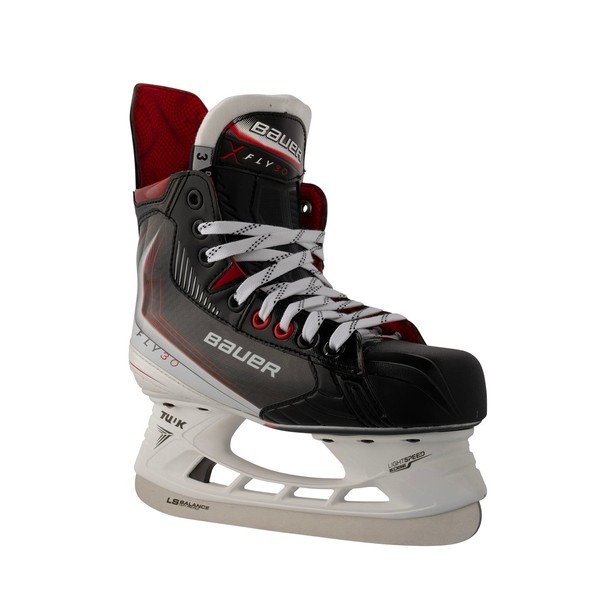 BAUER Vapor FLY30 Junior Schlittschuh – Front-Dreiviertelansicht BAUER Vapor FLY30 Junior Eishockey-Schlittschuh Schwarz Weiß Rot Front-Dreiviertelansicht