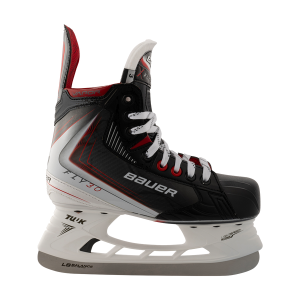 BAUER Vapor FLY30 Junior Schlittschuh – Seitenansicht BAUER Vapor FLY30 Junior Eishockey-Schlittschuh Schwarz Weiß Rot Seitenansicht