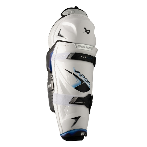 BAUER Vapor FLYLITE Intermediate Beinschoner – Vorderansicht Vorderansicht des BAUER Vapor FLYLITE Intermediate Beinschoners in Weiß und Blau