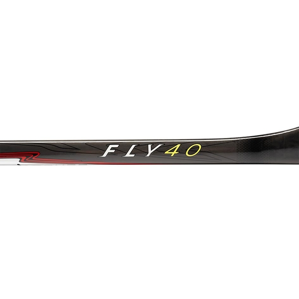BAUER Vapor FLY40 Senior 60 Zoll Flex 87 FLY40 Schaftlogo Nahaufnahme BAUER Vapor FLY40 Senior 60 Zoll Flex 87 Nahaufnahme des weißen und gelben FLY40 Logos am Schaft