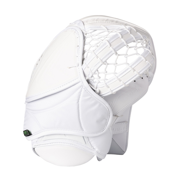 Rückansicht der weißen BAUER Vapor FLYLITE S25 Senior Fanghand mit Free-Flex-Manschette