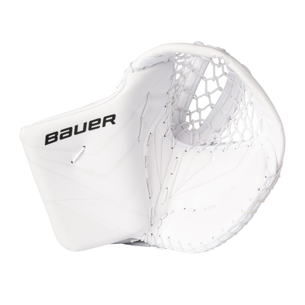 Weiße BAUER Vapor FLYLITE S25 Senior Fanghand mit Fused Double T-Trap von vorne