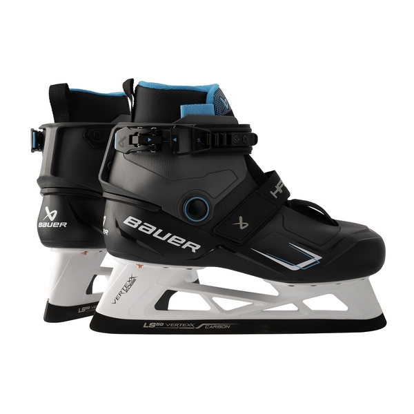 BAUER KONEKT HF3 S25 Junior Torwartschlittschuhe – Paaransicht Schwarzes Paar BAUER KONEKT HF3 S25 Junior Torwartschlittschuhe mit weißen VERTEXX EDGE Haltern