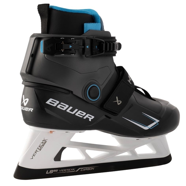BAUER KONEKT HF3 S25 Junior Torwartschlittschuh – Rückseitenansicht Schwarzer BAUER KONEKT HF3 S25 Junior Torwartschlittschuh in rückwärtiger Dreiviertelansicht