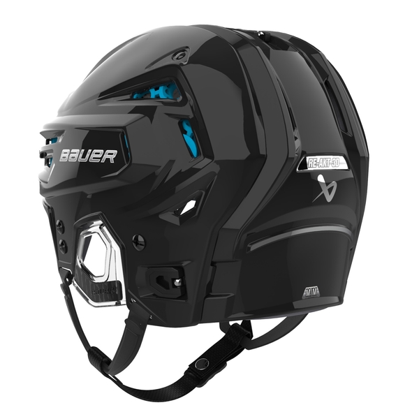 Schwarzer BAUER RE-AKT 3D S25 Eishockeyhelm in rückwärtiger Seitenansicht