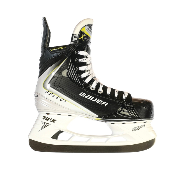 BAUER Vapor Select Senior Eishockeyschlittschuh Seitenansicht BAUER Vapor Select Senior Eishockeyschlittschuh in Schwarz Weiß mit gelben Akzenten – Seitenansicht