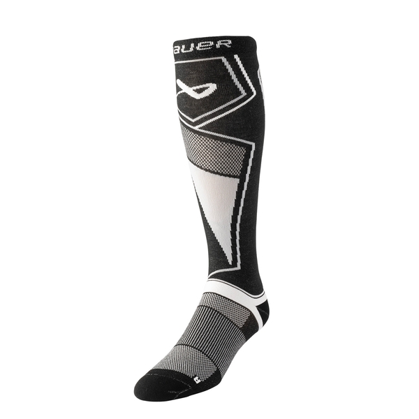 BAUER S25 Supreme Pro Schlittschuhsocke Vorderansicht Lange BAUER S25 Supreme Pro Senior Schlittschuhsocke in Schwarz Weiß Grau – Vorderansicht