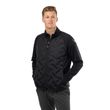 Schwarze BAUER FLC Core Hybrid Jacke Senior in Dreiviertelansicht mit Händen in den Fronttaschen