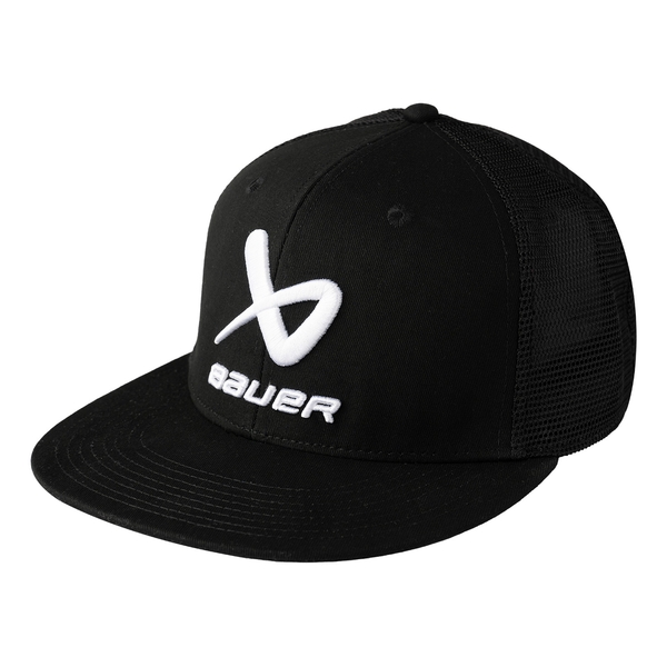 BAUER Core Flatbrim Cap Senior – Schwarz Schwarze BAUER Core Flatbrim Cap mit weißem Sticklogo und Meshpaneelen