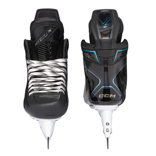 CCM VIZION Senior – Front and Rear View CCM VIZION Senior ice hockey skates with VZ tongue – front and rear view