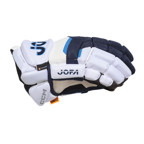 CCM JOFA 2026 Eishockeyhandschuhe Senior White/Navy – Seitenansicht CCM JOFA 2026 Eishockeyhandschuhe Senior White/Navy Seitenansicht