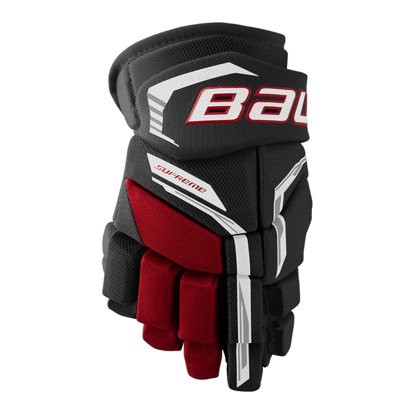 BAUER Supreme F50 Pro Junior Eishockeyhandschuhe in Schwarz Rot, Vorderansicht