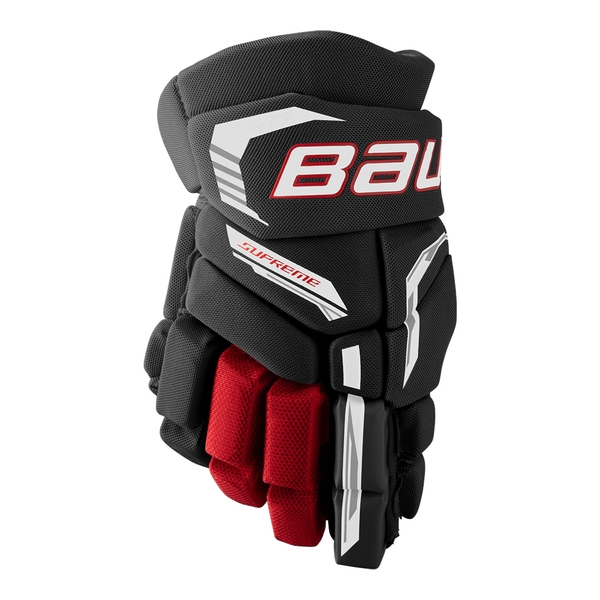 BAUER Supreme F40 Eishockeyhandschuhe Junior Schwarz Rot – Vorderansicht BAUER Supreme F40 Junior Eishockeyhandschuhe in Schwarz Rot, Vorderansicht