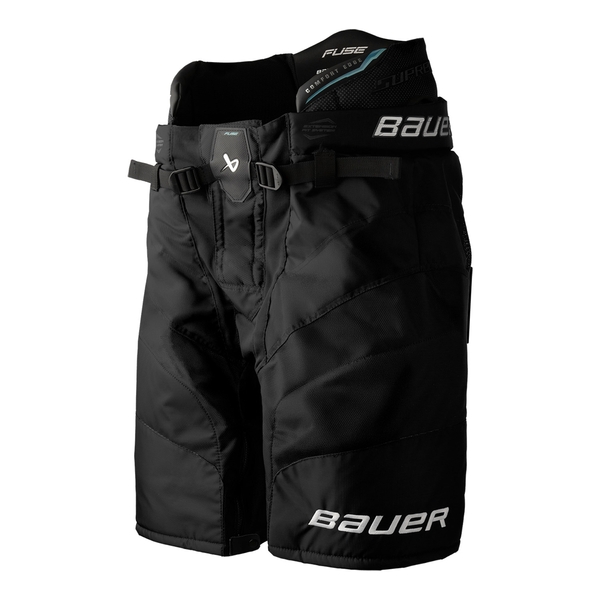 BAUER Supreme FUSE Senior Hockey Pants Black – Front View Front view of the BAUER Supreme FUSE Senior hockey pants in black