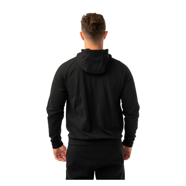 BAUER Team Fleece Zip Hoodie Senior Schwarz am Model mit Kapuze – vollständige Rückansicht