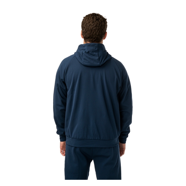BAUER Team Fleece Zip Hoodie Senior Marineblau am Model mit Kapuze – vollständige Rückansicht