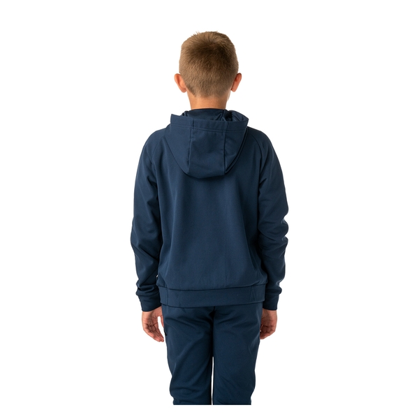 BAUER Team Fleece Zip Hoodie Youth Marineblau am Model mit Kapuze – vollständige Rückansicht
