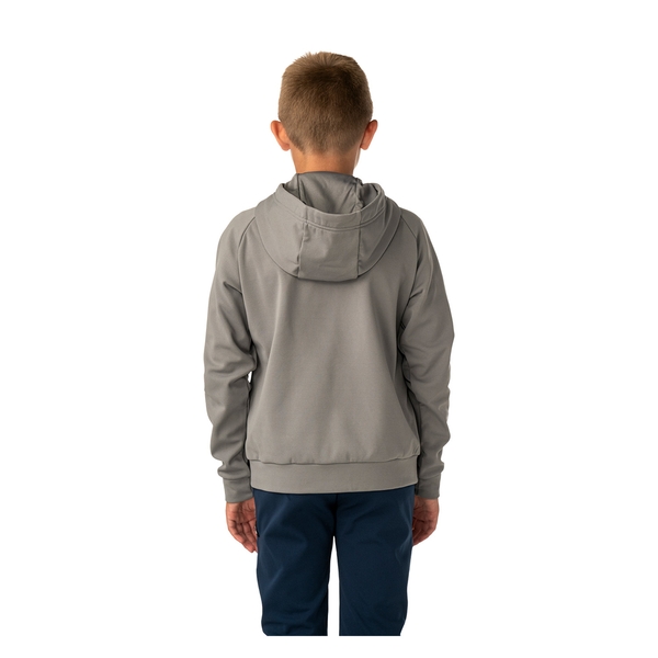 BAUER Team Fleece Zip Hoodie Youth Grau – Rückansicht BAUER Team Fleece Zip Hoodie Youth Grau am Model mit Kapuze – vollständige Rückansicht