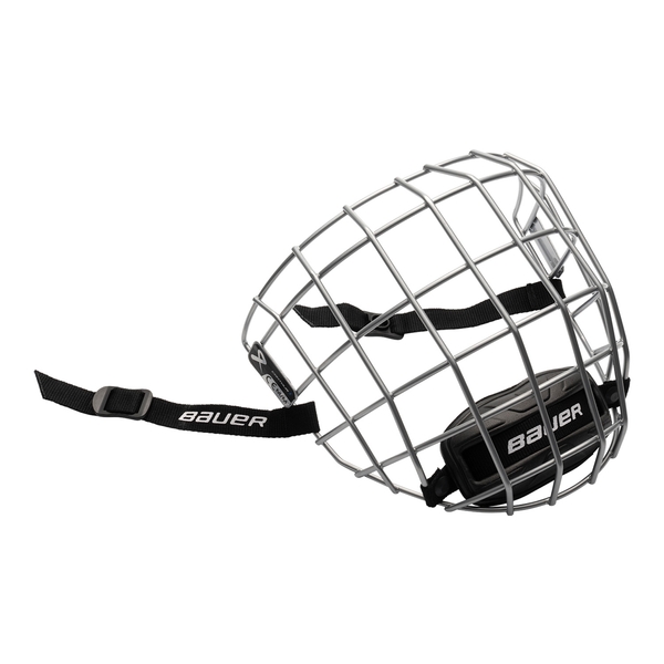 Silver BAUER Contour 1 carbon-steel facemask S26 with chin cup – side view