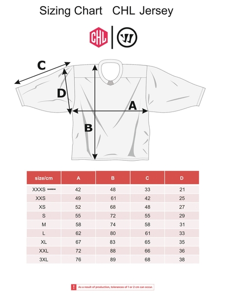 CHL jersey size chart with measurements in centimetres