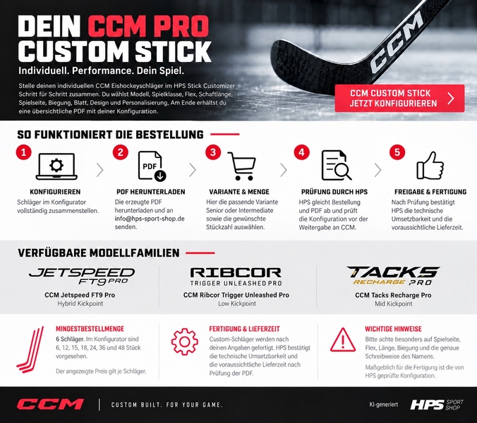 CCM Pro Custom Stick – ordering and model overview CCM Pro Custom Stick ordering process and available model families with AI-generated visual disclosure
