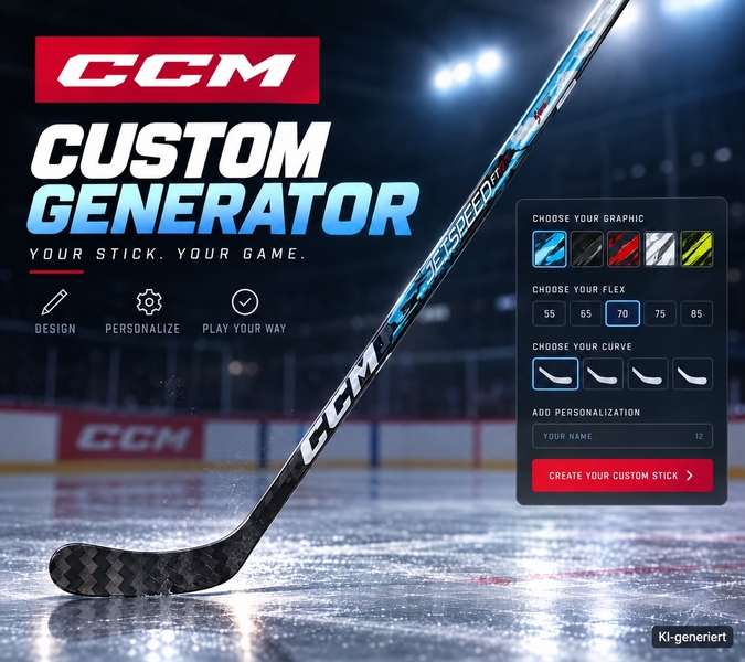 CCM Pro Custom Stick – Custom Generator CCM Pro Custom Stick configurator with stick, graphic, flex and curve selection; AI-generated visual