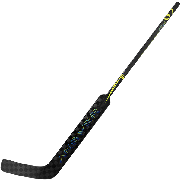 Warrior Answer goalie stick 25 in, black/yellow, left hand – angled view