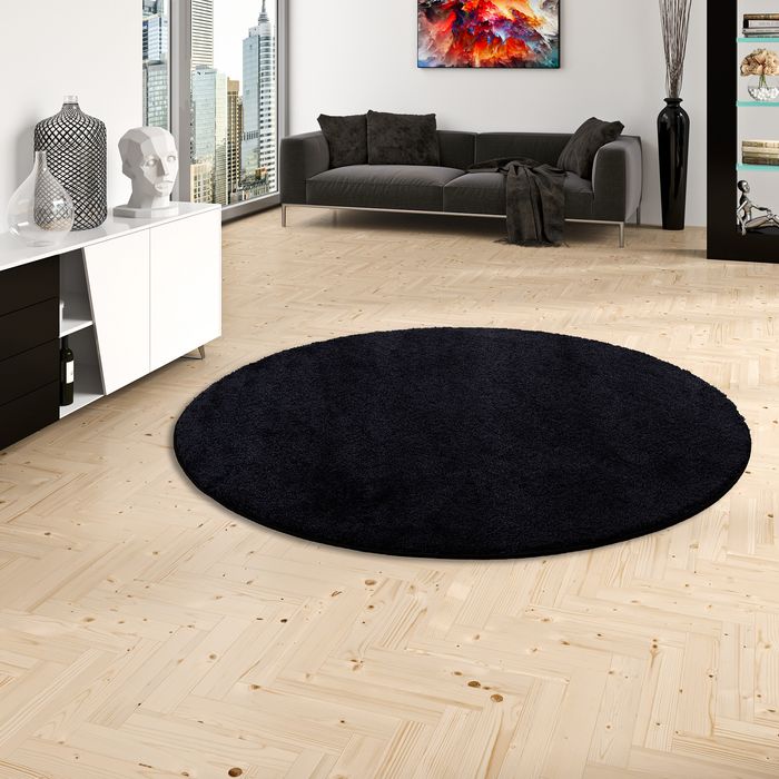 Hochflor Shaggy Teppich Palace Schwarz Rund