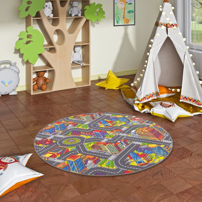 Kinder Spiel Teppich Straßenteppich 3D Big City Grau Rund